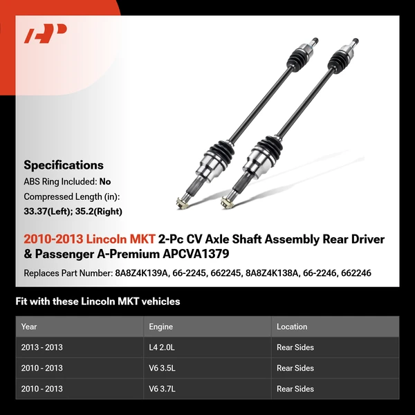 2010-2013 Lincoln MKT 2-Pc CV Axle Shaft Assembly Rear Driver & Passenger A-Premium APCVA1379