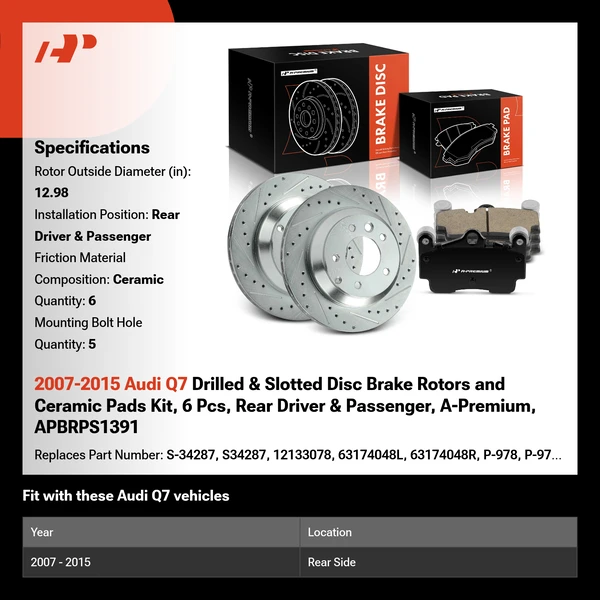 2007-2015 Audi Q7 Drilled & Slotted Disc Brake Rotors and Ceramic Pads Kit, 6 Pcs, Rear Driver & Passenger, A-Premium, APBRPS1391
