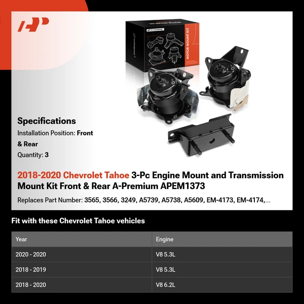 2018-2020 Chevrolet Tahoe 3-Pc Engine Mount and Transmission Mount Kit Front & Rear A-Premium APEM1373