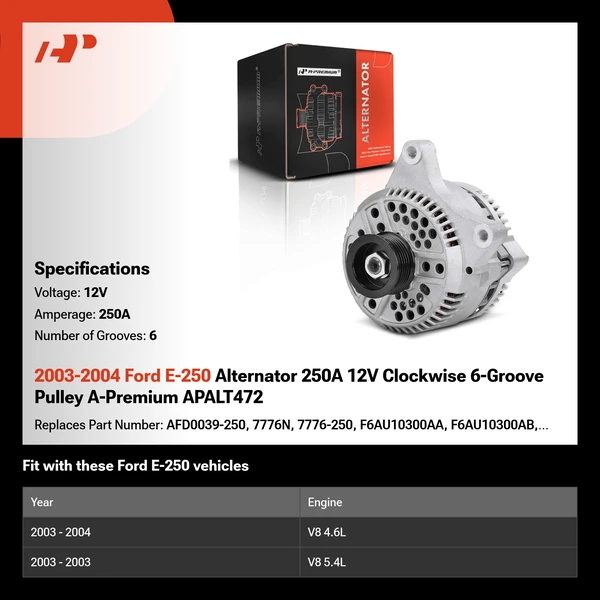 2003-2004 Ford E-250 Alternator 250A 12V Clockwise 6-Groove Pulley A-Premium APALT472