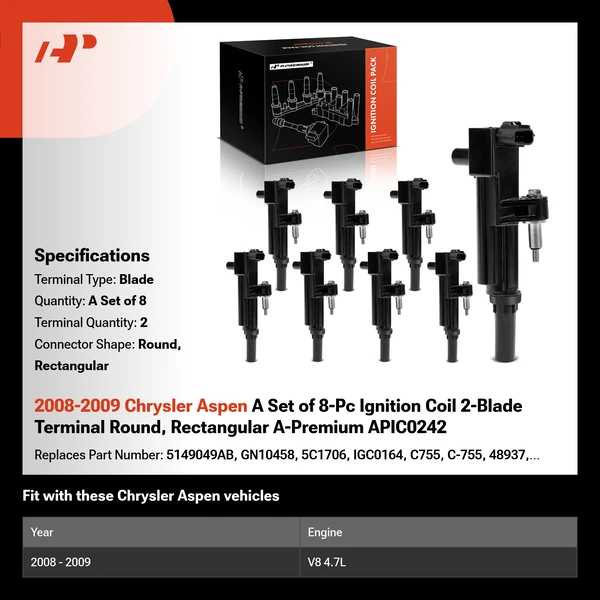 2008-2009 Chrysler Aspen A Set of 8-Pc Ignition Coil 2-Blade Terminal Round, Rectangular A-Premium APIC0242