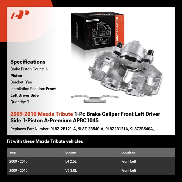 2009-2010 Mazda Tribute 1-Pc Brake Caliper Front Left Driver Side 1-Piston A-Premium APBC1045