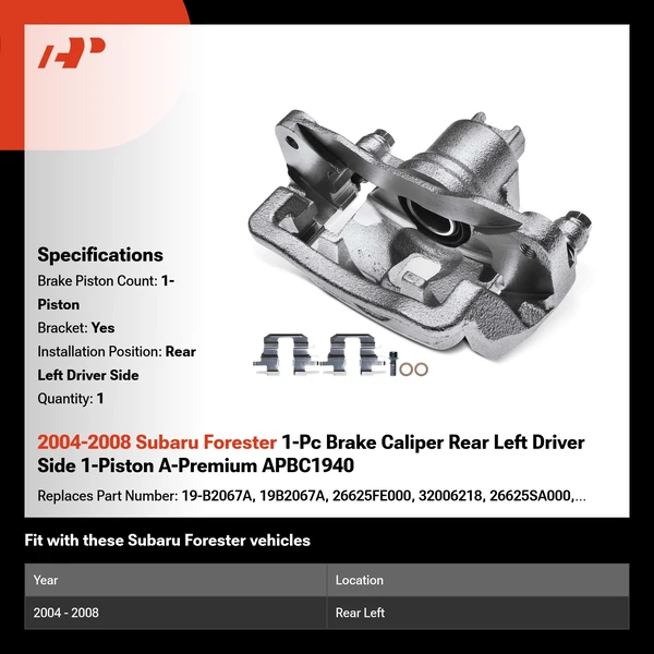 2004-2008 Subaru Forester 1-Pc Brake Caliper Rear Left Driver Side 1-Piston A-Premium APBC1940
