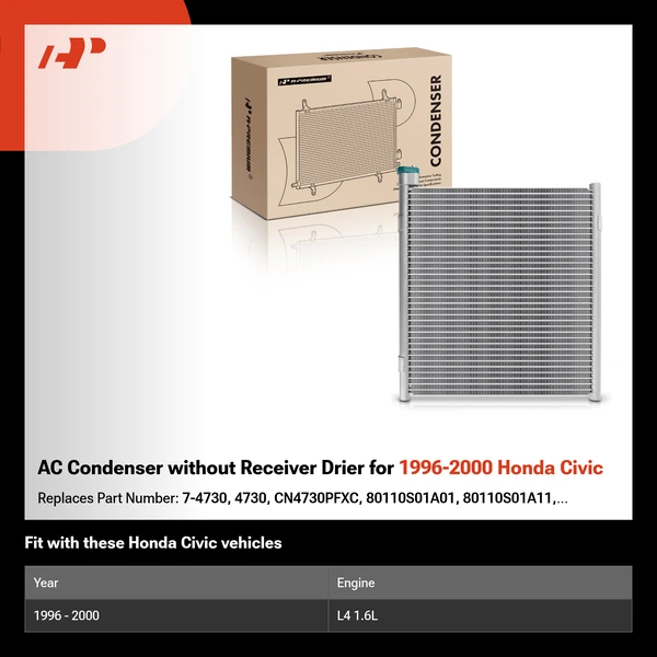 AC Condenser without Receiver Drier for 1996-2000 Honda Civic