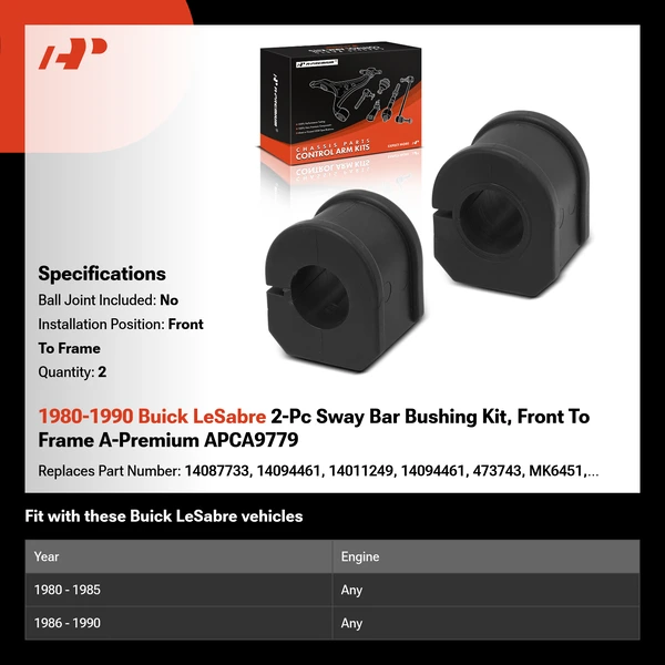 1980-1990 Buick LeSabre 2-Pc Sway Bar Bushing Kit, Front To Frame A-Premium APCA9779