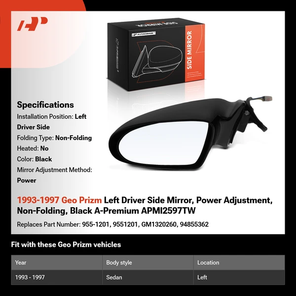 1993-1997 Geo Prizm Left Driver Side Mirror, Power Adjustment, Non-Folding, Black A-Premium APMI2597TW