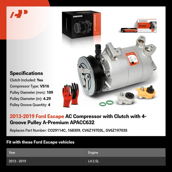 2013-2019 Ford Escape AC Compressor with Clutch with 4-Groove Pulley A-Premium APACC632