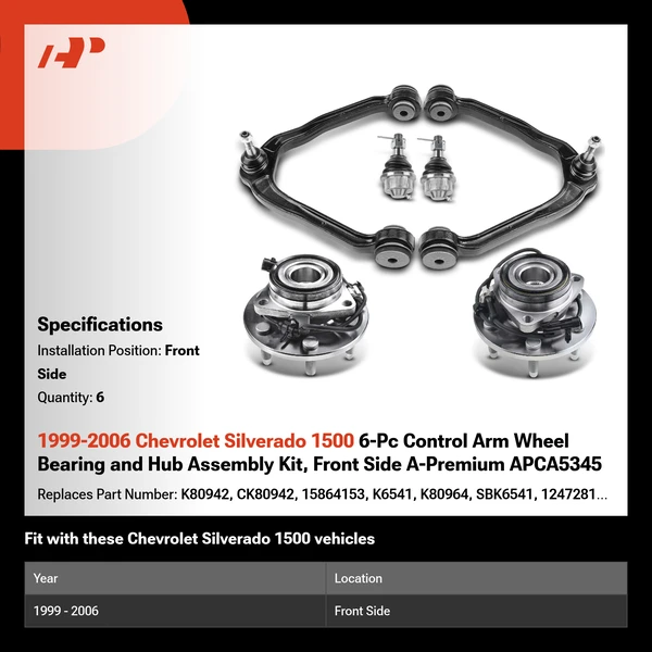 1999-2006 Chevrolet Silverado 1500 6-Pc Control Arm Wheel Bearing and Hub Assembly Kit, Front Side A-Premium APCA5345