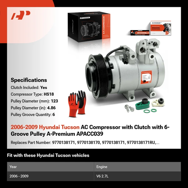 2006-2009 Hyundai Tucson AC Compressor with Clutch with 6-Groove Pulley A-Premium APACC039