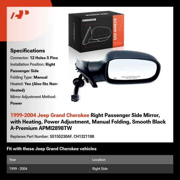 1999-2004 Jeep Grand Cherokee Right Passenger Side Mirror, with Heating, Power Adjustment, Manual Folding, Smooth Black A-Premium APMI2898TW