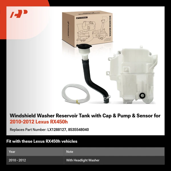 Windshield Washer Reservoir Tank with Cap & Pump & Sensor for 2010-2012 Lexus RX450h