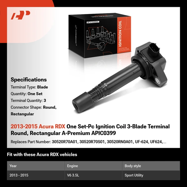 2013-2015 Acura RDX One Set-Pc Ignition Coil 3-Blade Terminal Round, Rectangular A-Premium APIC0399