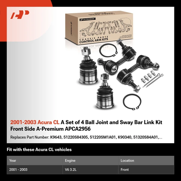 2001-2003 Acura CL A Set of 4 Ball Joint and Sway Bar Link Kit Front Side A-Premium APCA2956