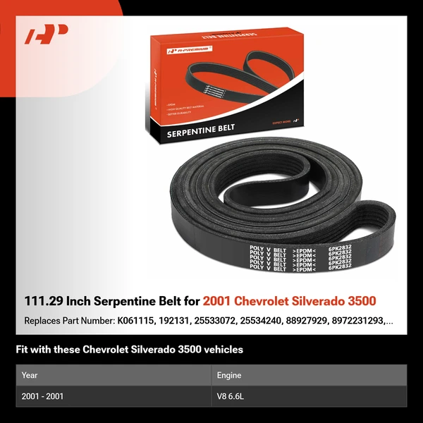 111.29 Inch Serpentine Belt for 2001 Chevrolet Silverado 3500