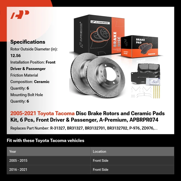 2005-2021 Toyota Tacoma Disc Brake Rotors and Ceramic Pads Kit, 6 Pcs, Front Driver & Passenger, A-Premium, APBRPR074