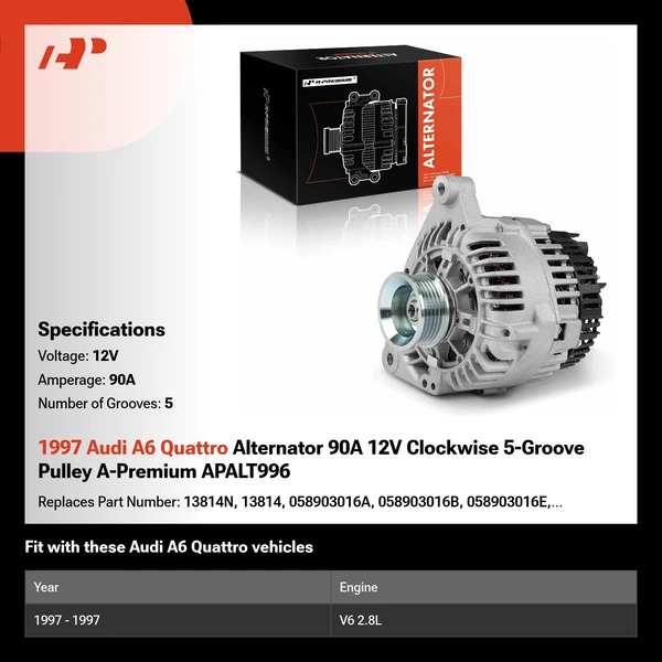 1997 Audi A6 Quattro Alternator 90A 12V Clockwise 5-Groove Pulley A-Premium APALT996