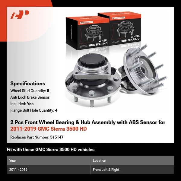 2 Pcs Front Wheel Bearing & Hub Assembly with ABS Sensor for 2011-2019 GMC Sierra 3500 HD