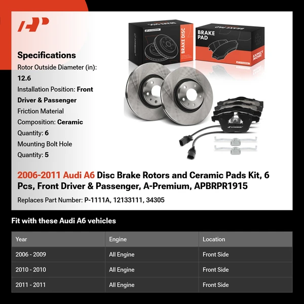 2006-2011 Audi A6 Disc Brake Rotors and Ceramic Pads Kit, 6 Pcs, Front Driver & Passenger, A-Premium, APBRPR1915