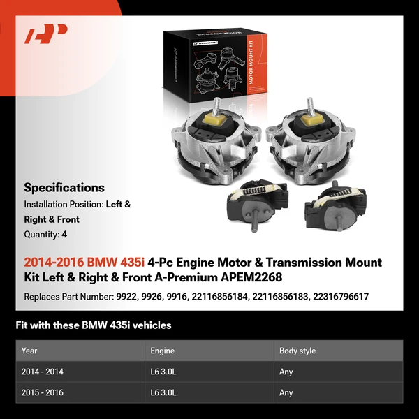 2014-2016 BMW 435i 4-Pc Engine Motor & Transmission Mount Kit Left & Right & Front A-Premium APEM2268