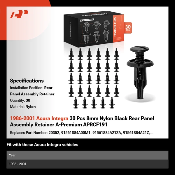 1986-2001 Acura Integra 30 Pcs 8mm Nylon Black Rear Panel Assembly Retainer A-Premium APRCF191
