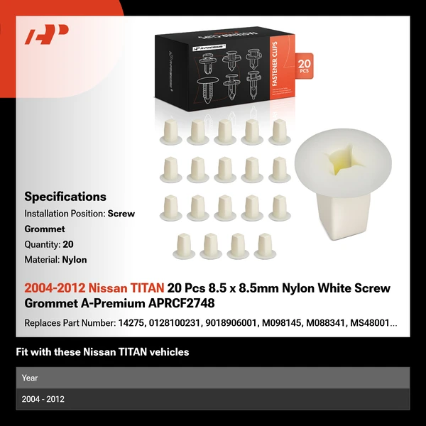 2004-2012 Nissan TITAN 20 Pcs 8.5 x 8.5mm Nylon White Screw Grommet A-Premium APRCF2748