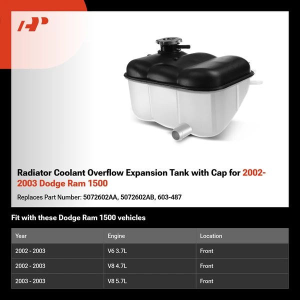 Radiator Coolant Overflow Expansion Tank with Cap for 2002-2003 Dodge Ram 1500
