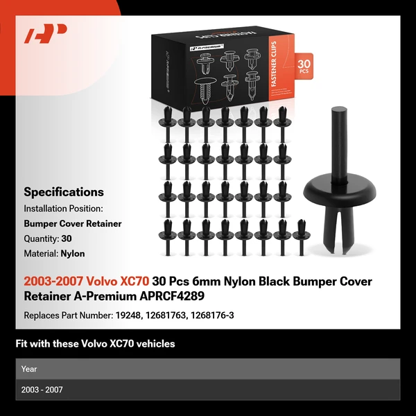 2003-2007 Volvo XC70 30 Pcs 6mm Nylon Black Bumper Cover Retainer A-Premium APRCF4289