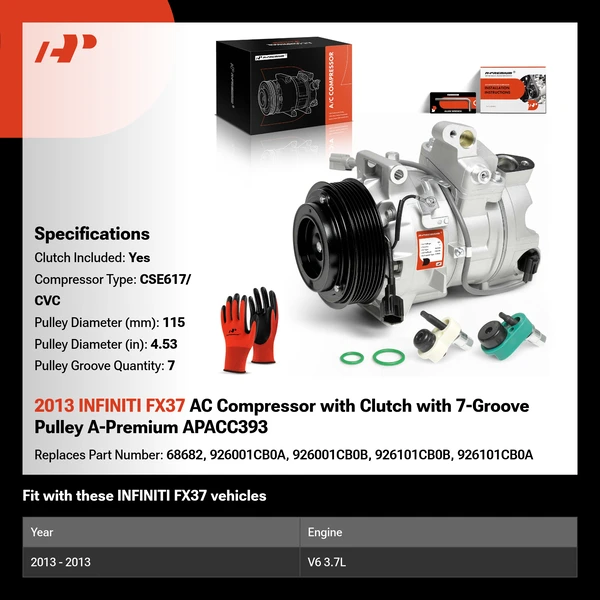 2013 INFINITI FX37 AC Compressor with Clutch with 7-Groove Pulley A-Premium APACC393
