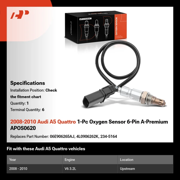 2008-2010 Audi A5 Quattro 1-Pc Oxygen Sensor 6-Pin A-Premium APOS0620