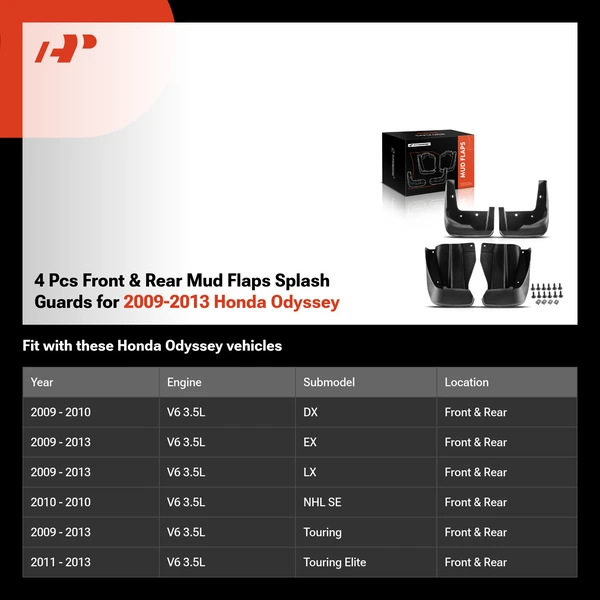 4 Pcs Front & Rear Mud Flaps Splash Guards for 2009-2013 Honda Odyssey