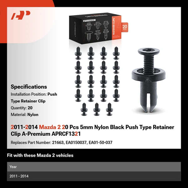 2011-2014 Mazda 2 20 Pcs 5mm Nylon Black Push Type Retainer Clip A-Premium APRCF1321