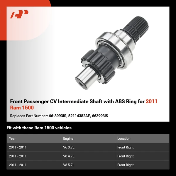 Front Passenger CV Intermediate Shaft with ABS Ring for 2011 Ram 1500