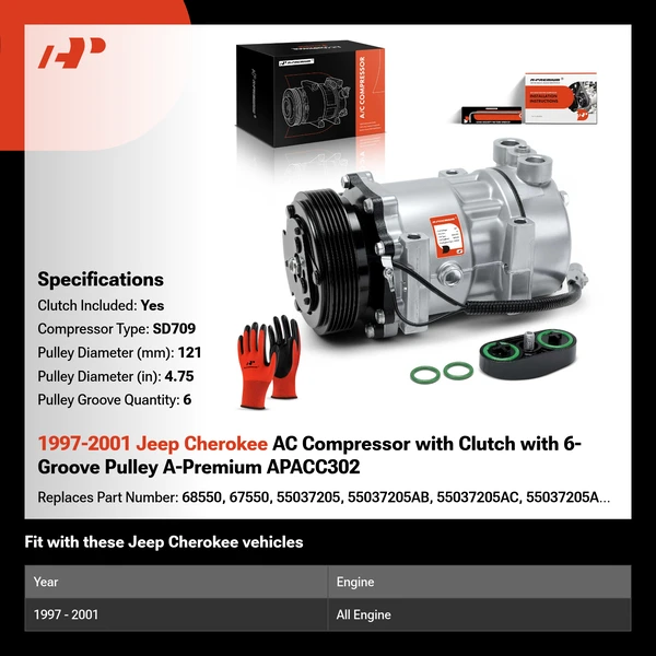 1997-2001 Jeep Cherokee AC Compressor with Clutch with 6-Groove Pulley A-Premium APACC302