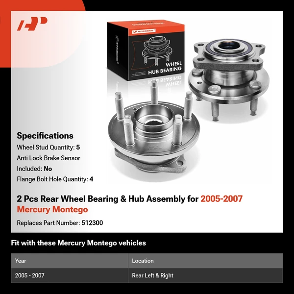 2 Pcs Rear Wheel Bearing & Hub Assembly for 2005-2007 Mercury Montego