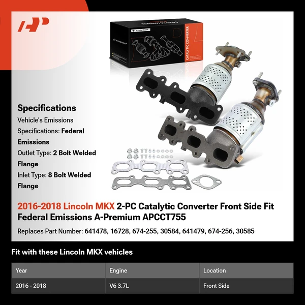 2016-2018 Lincoln MKX 2-PC Catalytic Converter Front Side Fit Federal Emissions A-Premium APCCT755