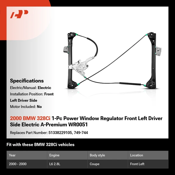 2000 BMW 328Ci 1-Pc Power Window Regulator Front Left Driver Side Electric A-Premium WR0051