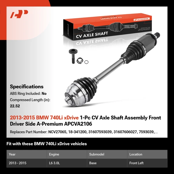 2013-2015 BMW 740Li xDrive 1-Pc CV Axle Shaft Assembly Front Driver Side A-Premium APCVA2106
