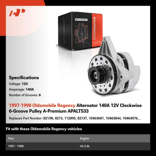 1997-1998 Oldsmobile Regency Alternator 140A 12V Clockwise 6-Groove Pulley A-Premium APALT533