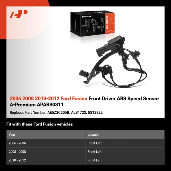 2006 2008 2010-2012 Ford Fusion Front Driver ABS Speed Sensor A-Premium APABS0311