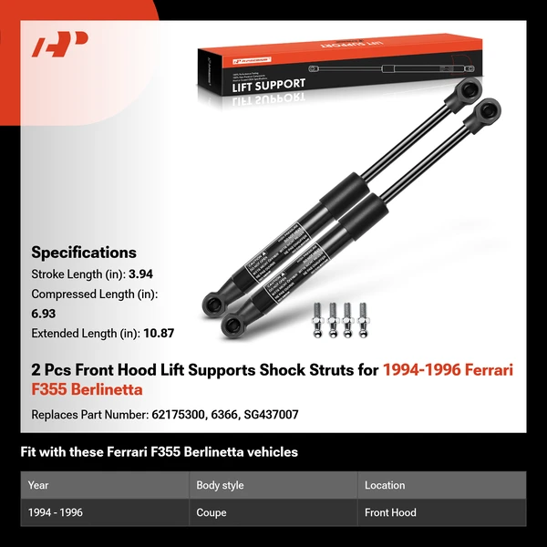 2 Pcs Front Hood Lift Supports Shock Struts for 1994-1996 Ferrari F355 Berlinetta