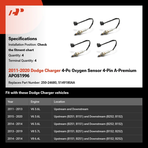 2011-2020 Dodge Charger 4-Pc Oxygen Sensor 4-Pin A-Premium APOS1996
