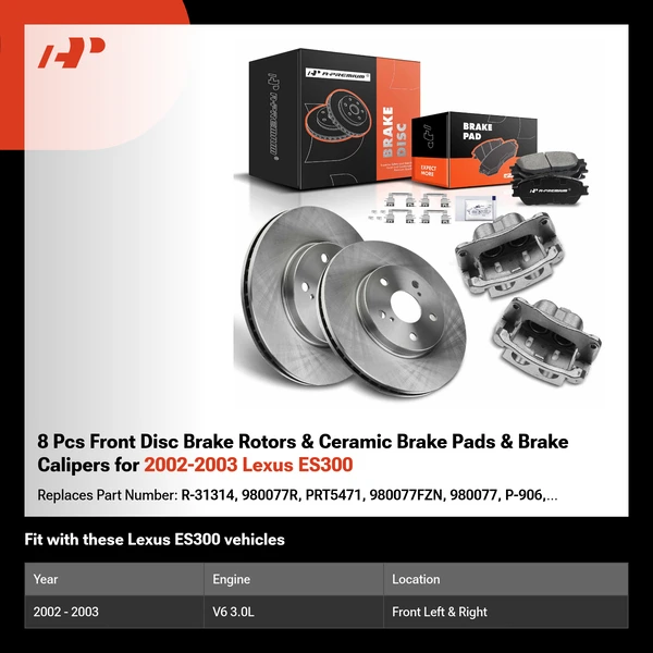 8 Pcs Front Disc Brake Rotors & Ceramic Brake Pads & Brake Calipers for 2002-2003 Lexus ES300