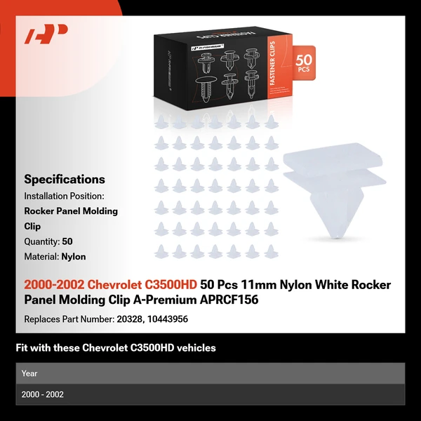 2000-2002 Chevrolet C3500HD 50 Pcs 11mm Nylon White Rocker Panel Molding Clip A-Premium APRCF156