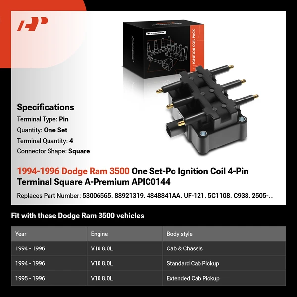 1994-1996 Dodge Ram 3500 One Set-Pc Ignition Coil 4-Pin Terminal Square A-Premium APIC0144