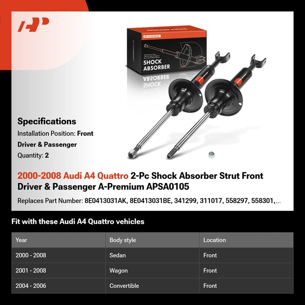 2000-2008 Audi A4 Quattro 2-Pc Shock Absorber Strut Front Driver & Passenger A-Premium APSA0105