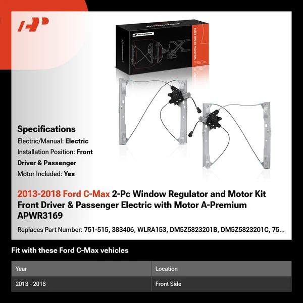 2013-2018 Ford C-Max 2-Pc Window Regulator and Motor Kit Front Driver & Passenger Electric with Motor A-Premium APWR3169