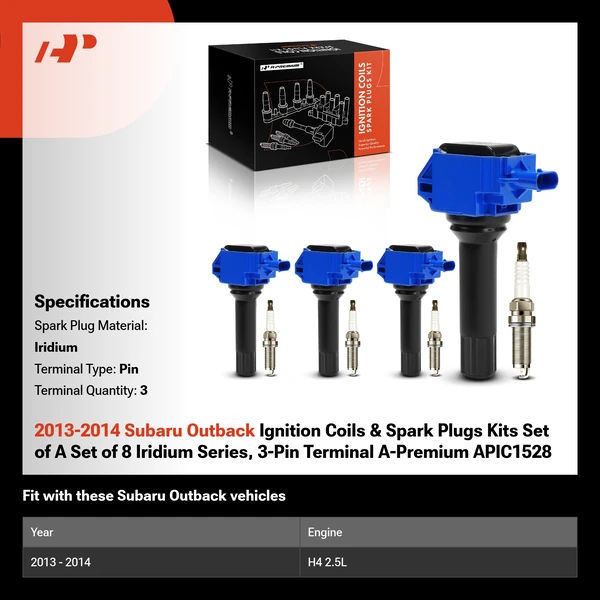 2013-2014 Subaru Outback Ignition Coils & Spark Plugs Kits Set of A Set of 8 Iridium Series, 3-Pin Terminal A-Premium APIC1528