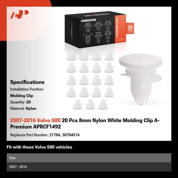 2007-2016 Volvo S80 20 Pcs 8mm Nylon White Molding Clip A-Premium APRCF1492