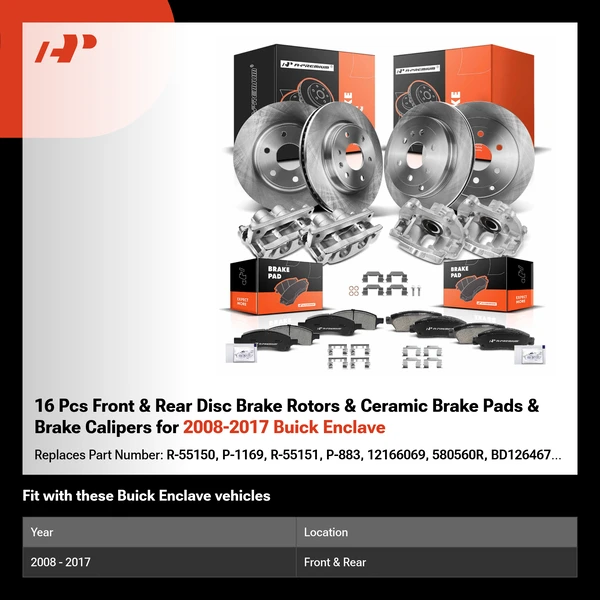 16 Pcs Front & Rear Disc Brake Rotors & Ceramic Brake Pads & Brake Calipers for 2008-2017 Buick Enclave