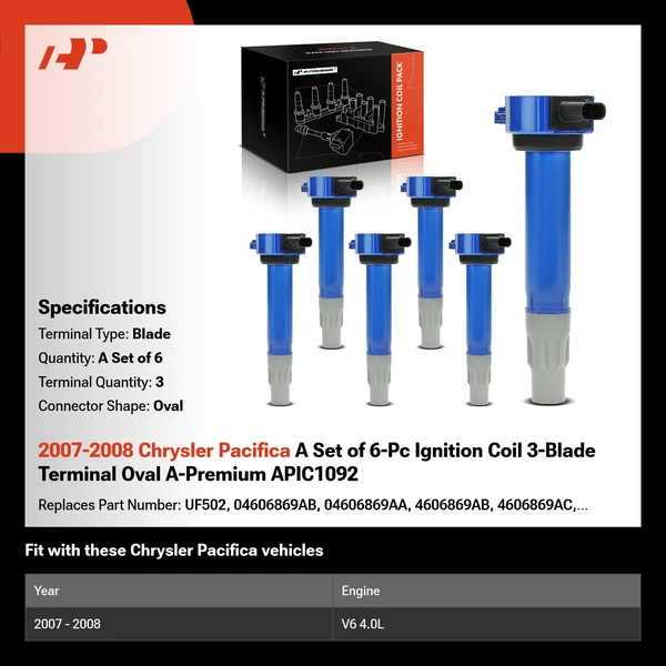 2007-2008 Chrysler Pacifica A Set of 6-Pc Ignition Coil 3-Blade Terminal Oval A-Premium APIC1092